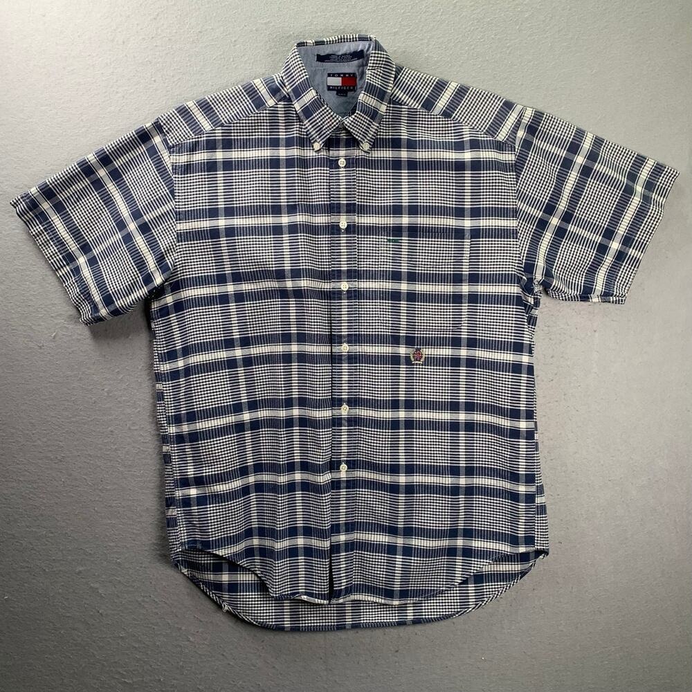 Vintage Tommy Hilfiger Shirt Mens Medium Button Down Crest Blue Plaid